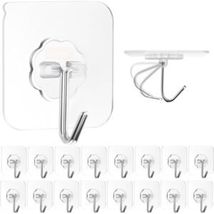 Tree Fit Pack of 16 Heavy Duty Self-Adhesive PVC Stainless Hooks, Waterproof & Oilproof Utility Hooks for Coat, Keys, Bathroom, Shower, Kitchen, Wardrobe, Outdoor - Clear Adhesive Hanging Hooks