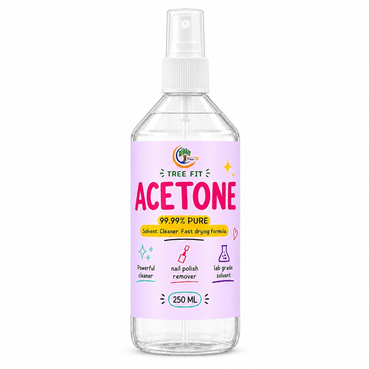 Tree Fit Acetone | Multipurpose Nail Polish Remover, Glass Cleaner, Paint & Stain Remover | Clear Liquid Solvent for Household & Professional Use 250ml Pack of 1