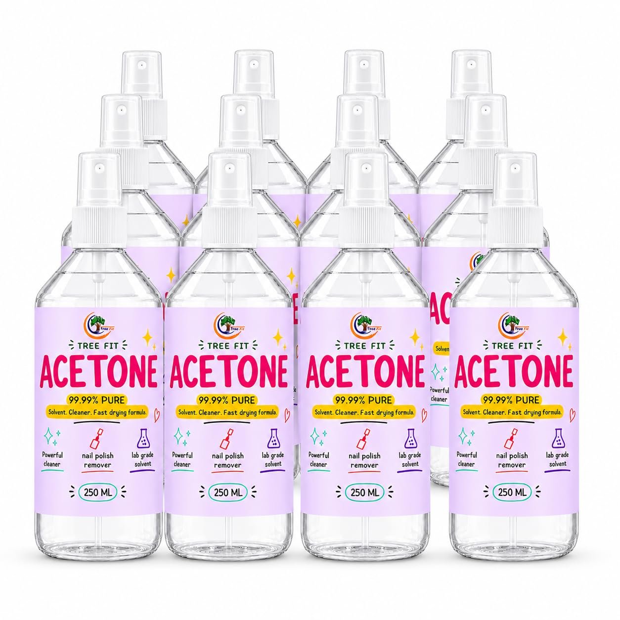 TREE FIT Acetone for Nail Polish Remover & Gel Acrylic Remover (250ml x 12 Pack) – 99.99% Pure Professional Grade Solvent for Paint, Resin & Adhesive