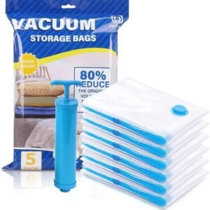 Vacuum Storage Bags for Clothes with Hand Pump, Space Saver Bags for Travel & Home, Self-Compression Organizer for Saree,Blankets, Comforters, Jackets & Sweaters 1 PACK (CONTAINS 5 PCS OF BAGS)
